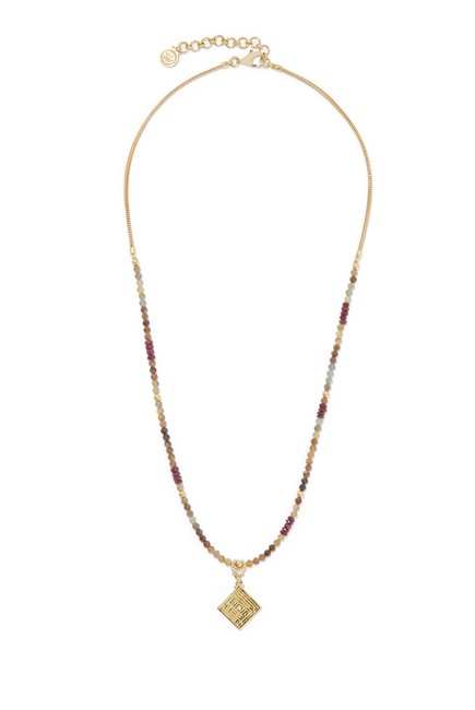 Kufi Calligraphy Necklace, 18k Yellow Gold & Ruby